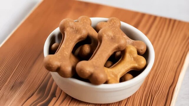 bone shaped dog biscuits in the bowl on the floor