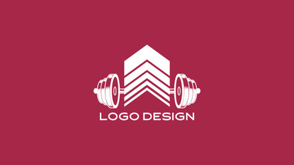 Creative gym logo with dumbbells and building silhouette symbolizing fitness center, sports gym, or body strength club