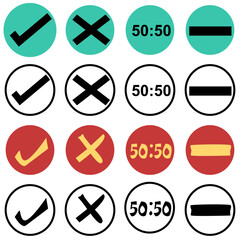 Flat Icon Set with Checkmark, Cross, Minus, and 50:50 Symbols in Various Styles and Colors – Vector Design for UI, Quiz, Game, or Infographic