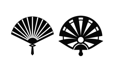 Two traditional japanese folding fans in black and white silhouette