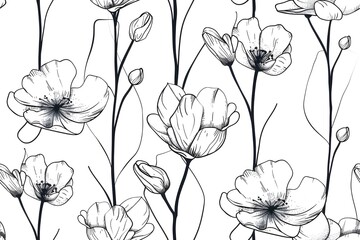 Seamless floral pattern, minimalist line art flowers, black ink on white background, modern botanical design, Scandinavian style, clean and elegant, tileable pattern