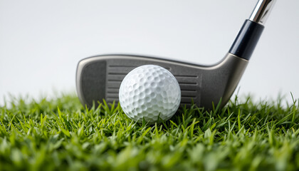 An iron poised near a golf ball resting in lush green grass, ready for a swing, evoking a sense of sport and recreation.