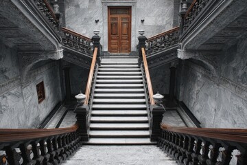 A grand staircase with ornate railings leads to a wooden door, set against a marble wall backdrop, exuding elegance and historical charm.