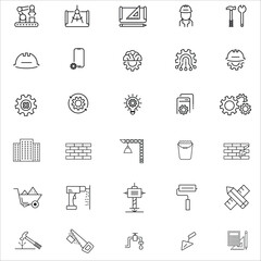 Construction tools engineer gear drill helmet brick plan design build icon set vector illustration for architecture industry concept.