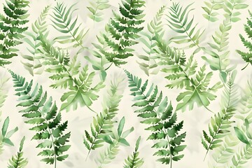 Seamless fern leaves pattern, watercolor style, soft green tones, delicate botanical texture, hand-painted look, airy and natural, tileable design