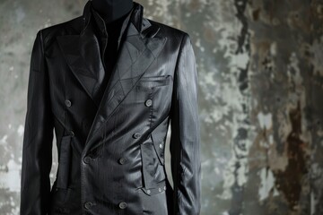 Stylish black suit jacket with intricate details, showcased on a mannequin against a textured grunge wall, representing high fashion and sophisticated menswear