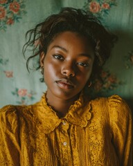 A young woman with textured hair wears a vintage yellow blouse, posing against a floral backdrop, conveying a contemplative mood.