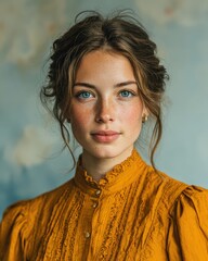 A young woman with freckles and wavy hair wearing a vintage yellow blouse, set against a soft, blurred background.