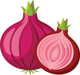 Two red onions one halved isolated on white background