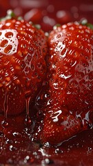 Close-Up of Fresh Ripe Strawberries with Water Droplets in Red Background