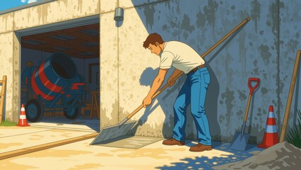 Person plastering wall with cement, surface work in outdoor setting. Concept of person plastering wall with cement highlights construction, tools, sunny atmosphere, vibrant scene.