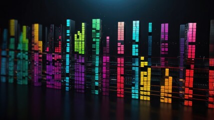 Abstract visual representation of audio waveform. Colorful blocks arranged in a row, each block's color and intensity represents a different audio frequency.  Dark background with subtle light effects