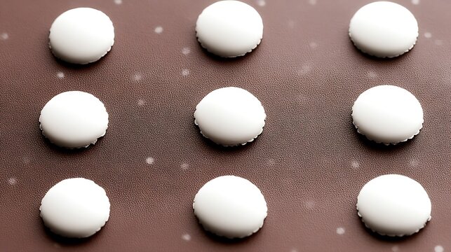 White pill-shaped objects arranged in a grid pattern on a brown surface.