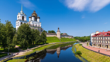 Beautiful landscape of the Pskova River with the Holy Trinity Cathedral, Pskov, Russia