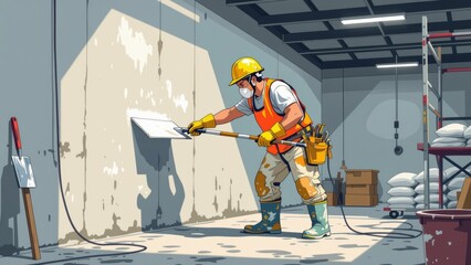 Person plastering wall with cement, wearing face mask, gloves, using trowel. Concept of person plastering wall with cement, surface work in construction environment.