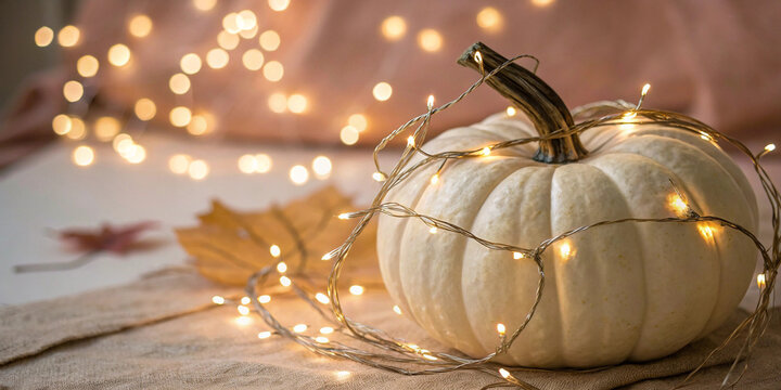 Festive halloween background showing a white pumpkin wrapped in glowing fairy lights, creating a warm and inviting atmosphere with blurred bokeh lights and autumn leaves in the background