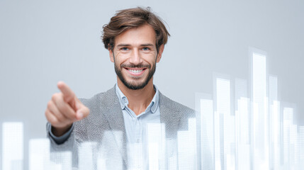 A smiling man in a blazer points toward a transparent digital interface displaying futuristic bar graphs and data visualizations.