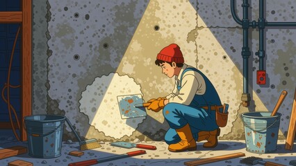 Person plastering wall with cement, surface work, kneeling on floor, focused expression. Concept of person plastering wall with cement, demonstrating skill in surface work.