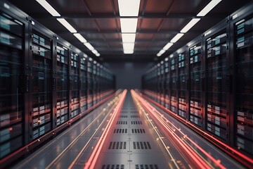 Futuristic Data Center with Rows of Servers and Blazing Fast Network Connections