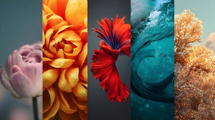Surreal vertical collage of five moody landscape scenes season. Symbolizes emotional balance, seasonal change, and introspection—ideal for conceptual art and visual storytelling
