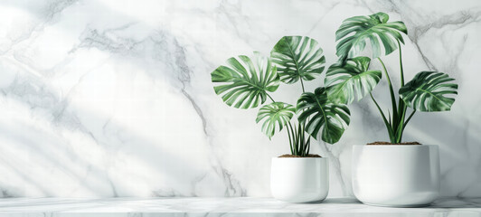 Two potted plants sit on a marble countertop, with one plant on the left