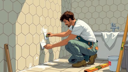 Person tiling bathroom walls, covering hexagonal pattern on wall, kneeling on tiled floor. Concept of person tiling bathroom walls with focus on task at hand.