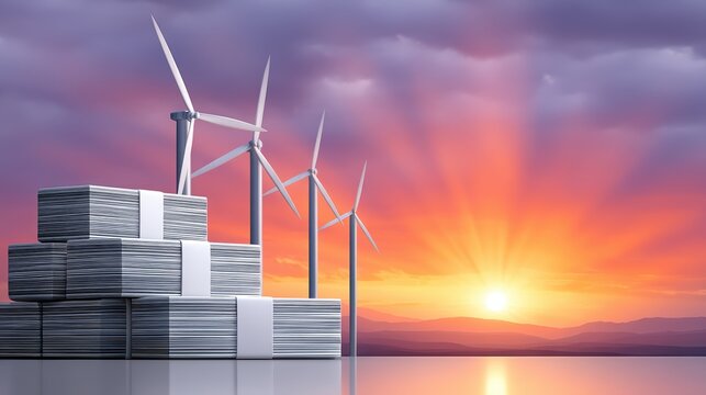 Windmill at sunset with money stacks, rural energy investment, renewable energy finance, and green power funding for a sustainable energy economy