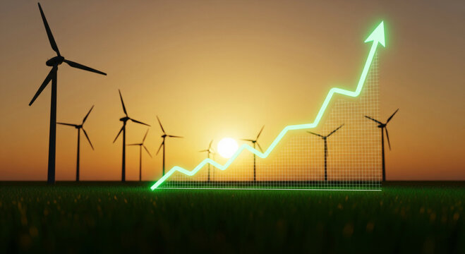Photo of wind turbines stand in a grassy field at sunset, with a glowing green graph showing upward financial growth