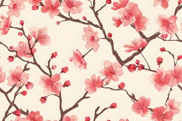 Seamless cherry blossom pattern, oriental style, pink sakura flowers on delicate brown branches, light background, traditional Japanese aesthetic, elegant floral design, tileable pattern