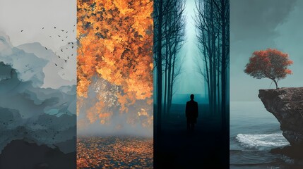 Surreal vertical collage of five moody landscape scenes season. Symbolizes emotional balance, seasonal change, and introspection—ideal for conceptual art and visual storytelling
