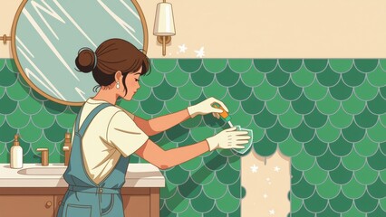 Person tiling bathroom walls, covering green fish scale pattern. Concept of person tiling bathroom walls, creating fresh look with vibrant colors and cozy atmosphere.