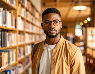 Obraz premium Young Man with Glasses in a Library