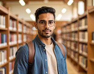Fototapeta premium Young Man with Glasses in a Library