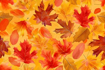 Seamless autumn leaves pattern, maple and oak leaves, warm fall colors, red, orange, yellow, natural texture, soft background, seasonal design, tileable pattern