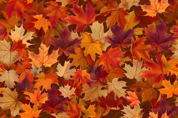 Seamless autumn leaves pattern, maple and oak leaves, warm fall colors, red, orange, yellow, natural texture, soft background, seasonal design, tileable pattern