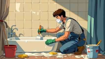 Person tiling bathroom walls, covering surfaces with tiles. Concept of person tiling bathroom walls, showcasing renovation work in bright, clean environment.