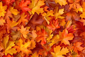 Seamless autumn leaves pattern, maple and oak leaves, warm fall colors, red, orange, yellow, natural texture, soft background, seasonal design, tileable pattern