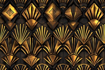 Seamless Art Deco pattern, geometric symmetry, bold lines and shapes, 1920s style, black and gold, luxury design, clean elegant tile, tileable texture