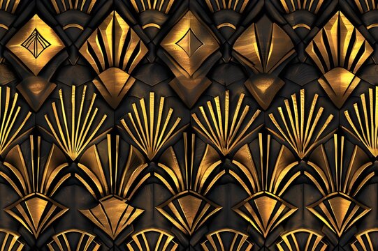 Seamless Art Deco pattern, geometric symmetry, bold lines and shapes, 1920s style, black and gold, luxury design, clean elegant tile, tileable texture