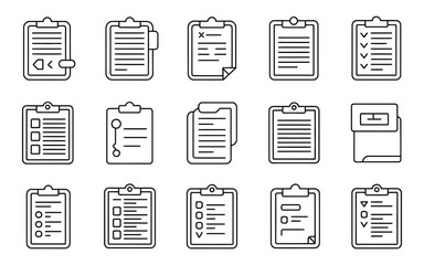 Clipboard Document Outline Icons Set - Task List, Notes, and Report Vector for Business and Productivity