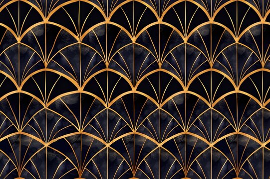 Seamless Art Deco pattern, geometric symmetry, bold lines and shapes, 1920s style, black and gold, luxury design, clean elegant tile, tileable texture