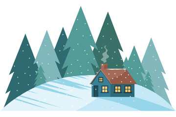 Naklejka premium Wooden cabin nestled in snow with pine forest