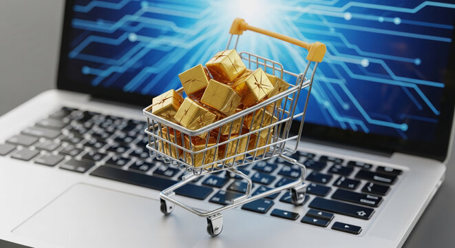 Mini shopping cart filled with gold gift boxes on laptop keyboard, showcasing online shopping, e-commerce, or digital gift concept - Powered by Adobe