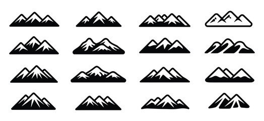Mountain Range Silhouette Icons Set: Majestic Peak and Landscape Vector Graphics for Outdoor, Nature, Adventure, and Travel Concepts