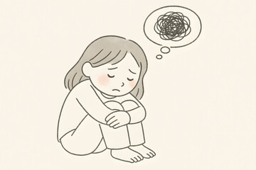 Cute Minimalist Illustration of a Sad Girl Sitting with Knees Hugged, Thinking About a Messy Thought Bubble Symbolizing Worry or Mental Distress