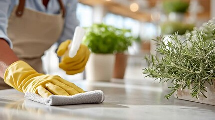 Housekeeper wearing yellow gloves cleaning kitchen counter with cleaning product and cloth - Powered by Adobe