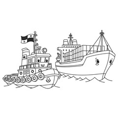 Cute cartoon tugboat with panama flag and cargo ship with containers sailing on water isolated on transparent background