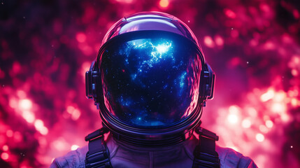 Exploring the cosmos with a reflective astronaut helmet surrounded by a vibrant, colorful nebula in deep space