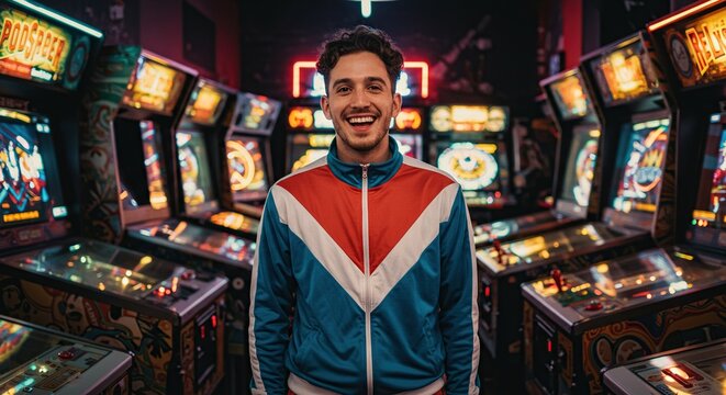 A smiling man in a retro tracksuit stands in front of rows of vintage arcade games in a dark room