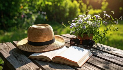 Close-up of a straw hat, sunglasses, and an open travel journal on a wooden picnic table